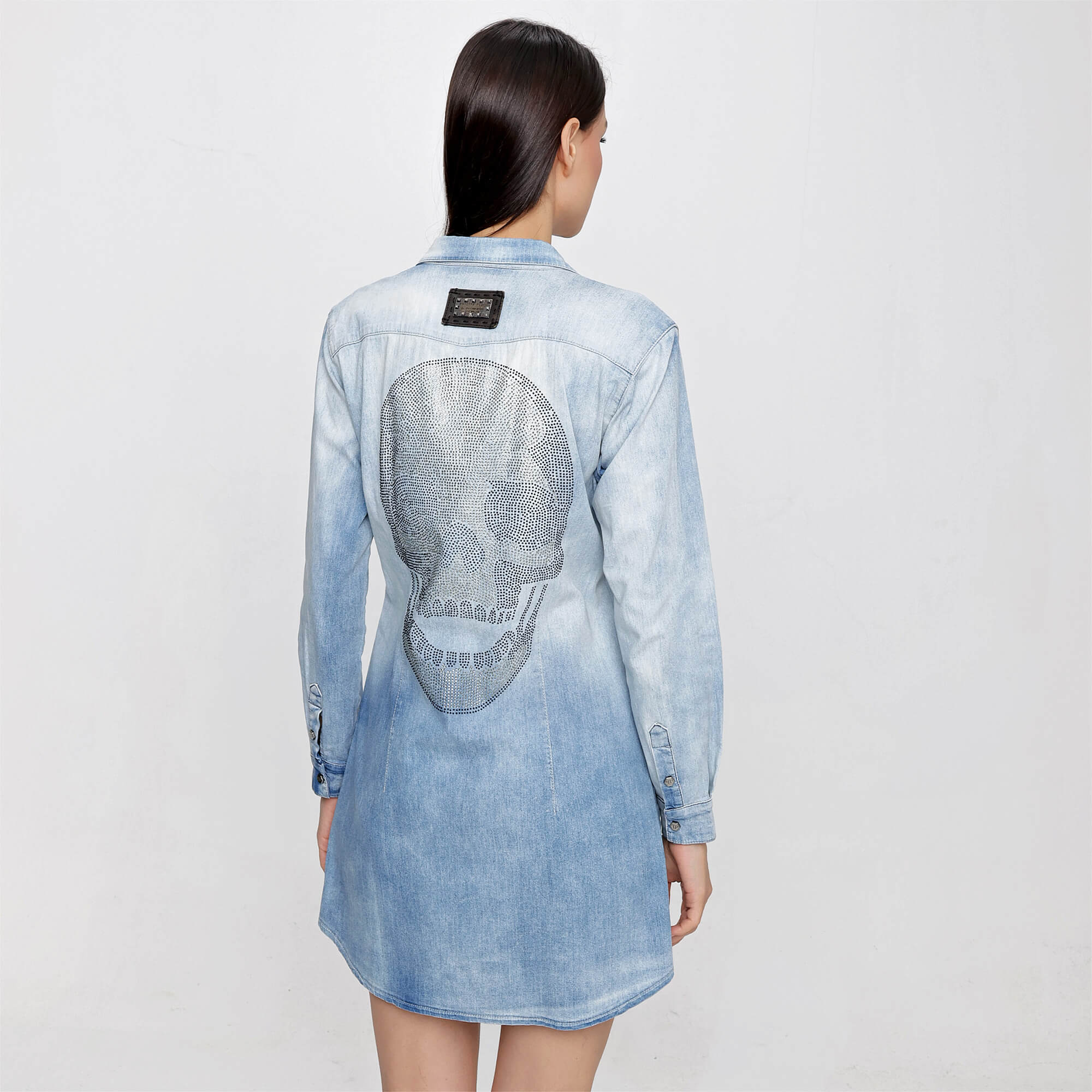 Philipp Plein - Blue Cotton Crystal Skull Embellished Denim Shirt